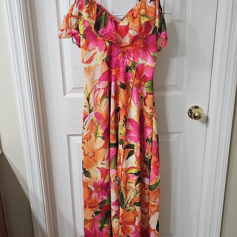 SHEIN SXY Floral Print Ruffle Cold Shoulder Cami Maxi Dress XS